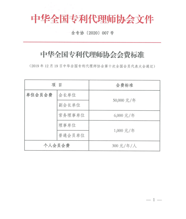 中华全国专利代理师协会会费标准